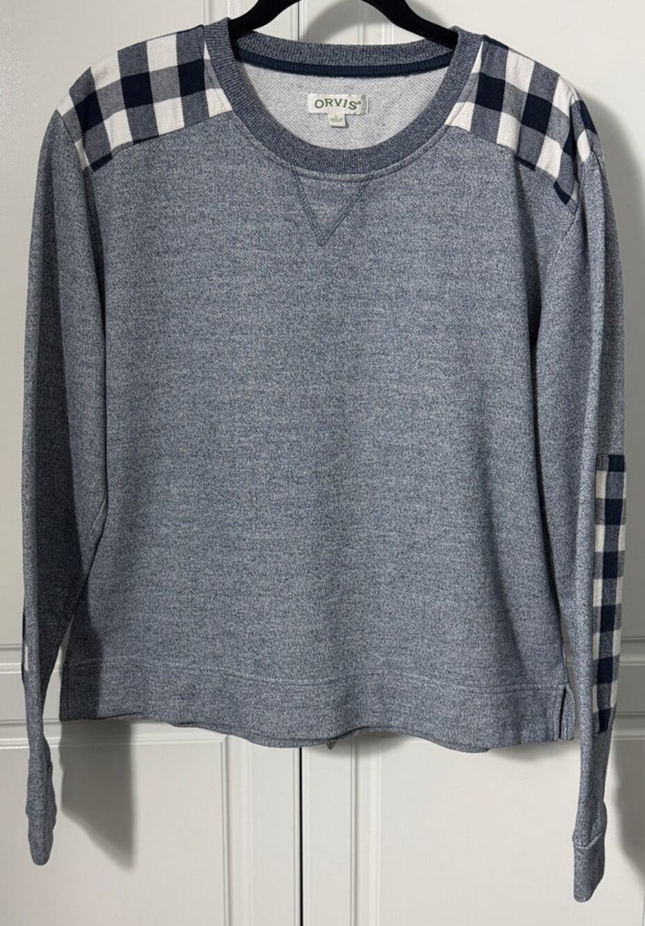 Orvis Women's Heathered Blue Sweatshirt w/Checked Elbow Shoulder Detail Size M